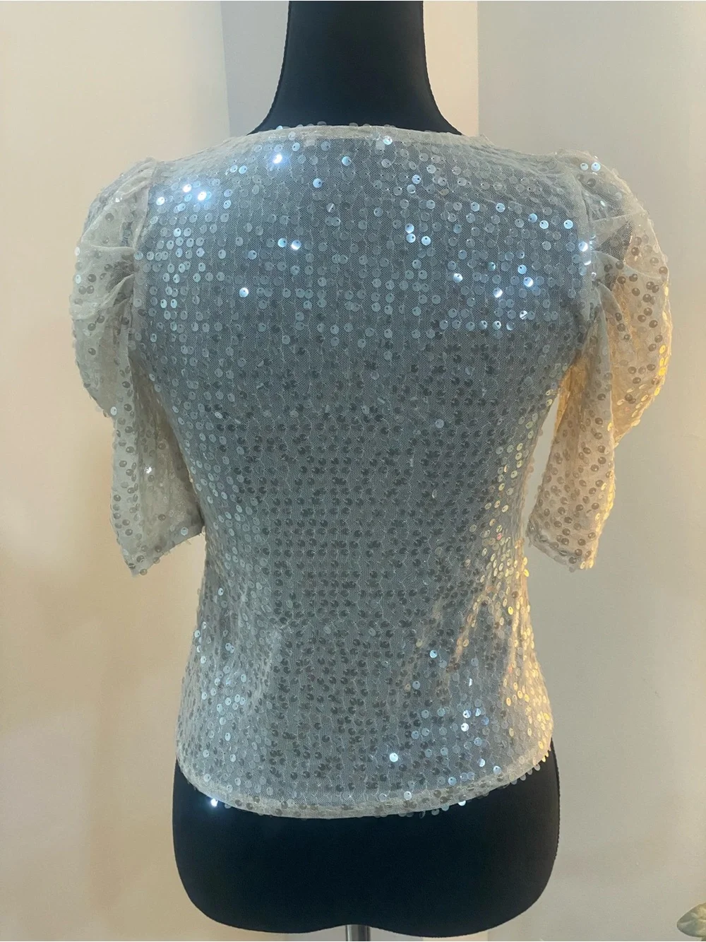 Zara Ivory Sequin Puff-Sleeve Top